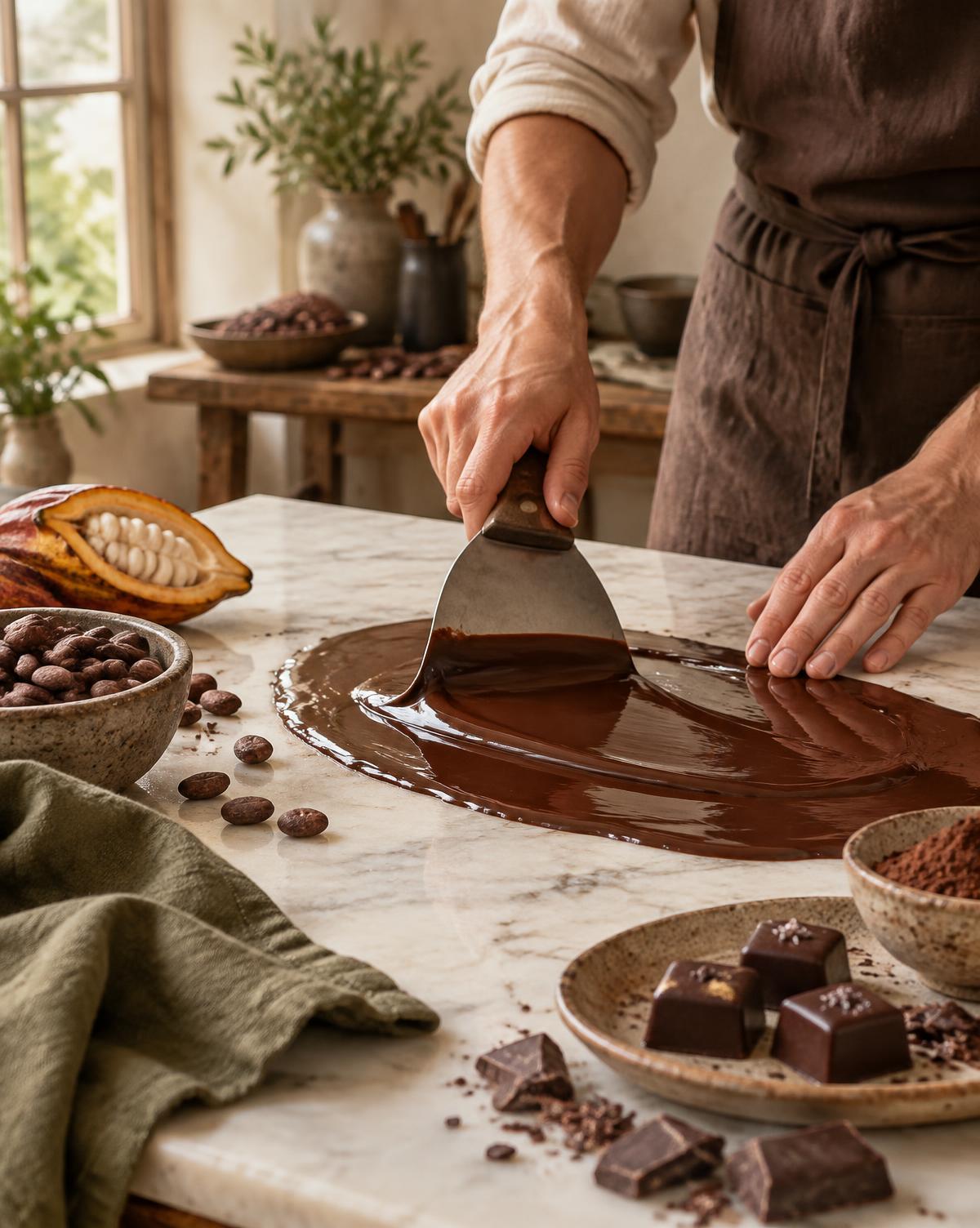 Artisan travaillant le chocolat à la main sur une table de marbre
