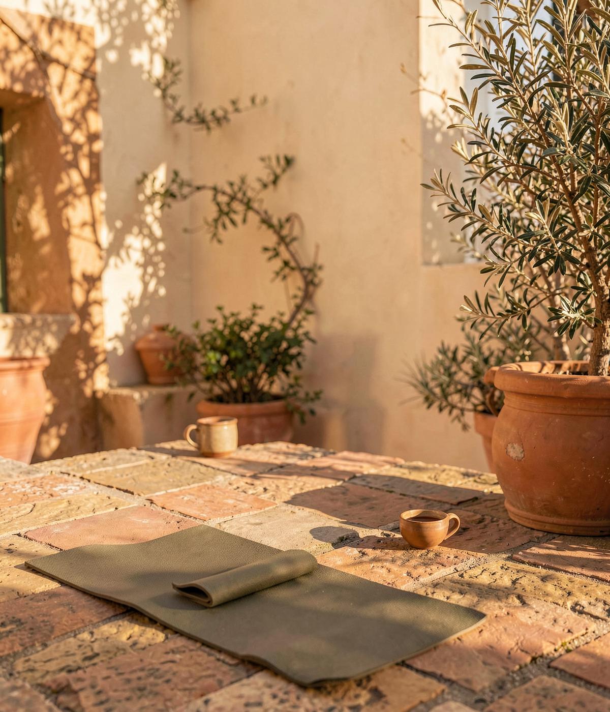 Terrasse de jardin provençal baignée de lumière dorée en novembre, tapis de yoga sur la pierre